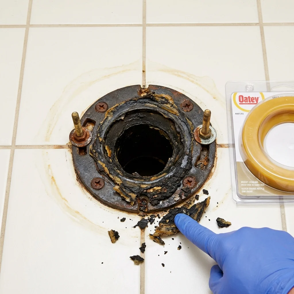 Failed wax ring showing water seepage at the base of a toilet in a Farmington, NM home