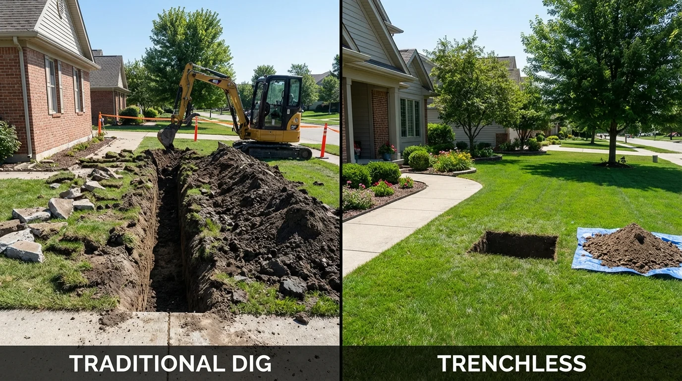 Trenchless sewer repair with minimal yard damage versus traditional excavation in Farmington, NM