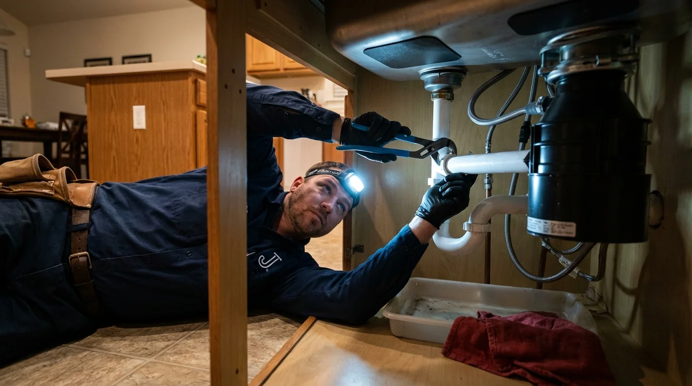 P-trap and supply line connections under a kitchen sink showing a common leak point in Farmington, NM